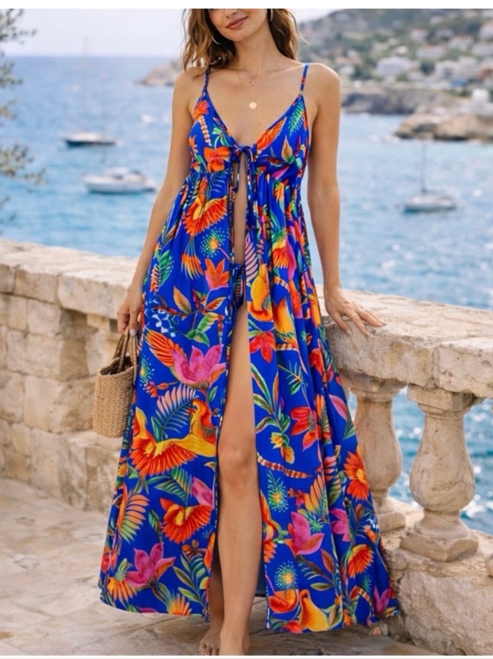 FARM RIO Blue Macaw Party CoverUp Dress Size Large Floral Tropical Birds